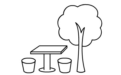 Simple drawing picture of apple tree and stone bench