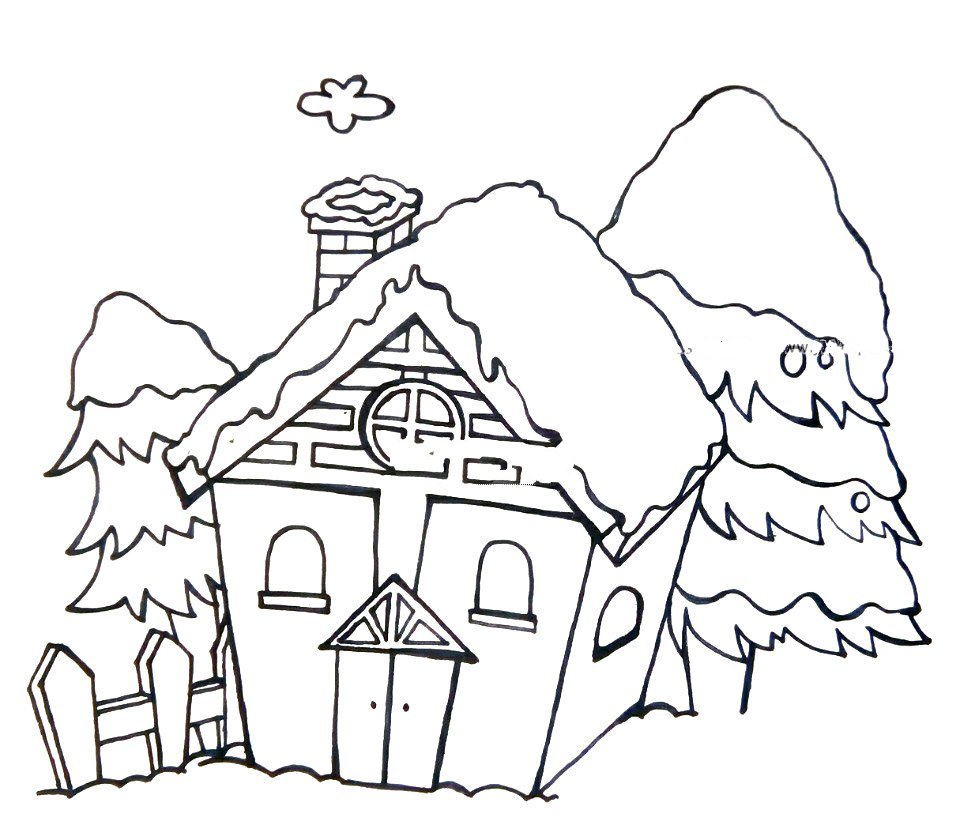 Draw a beautiful cabin in the snow