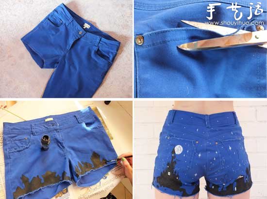 Night sky pattern raw edge shorts production