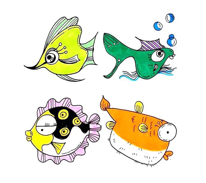 12 simple color drawings of fish