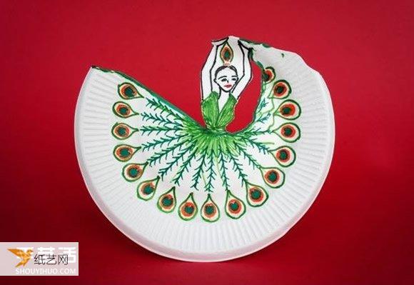 Handmade beautiful childrens paper plate drawing depicting a girl dancing the peacock dance