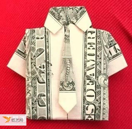 Illustrated tutorial on using dollar origami to fold a short-sleeved T-shirt with a cute little tie