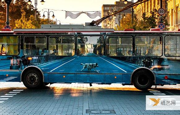 The disappearing trolleybus body advertisements have been transformed into interesting optical illusion art