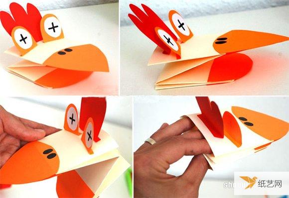 Illustration of a particularly interesting folding method for making animal hand puppets