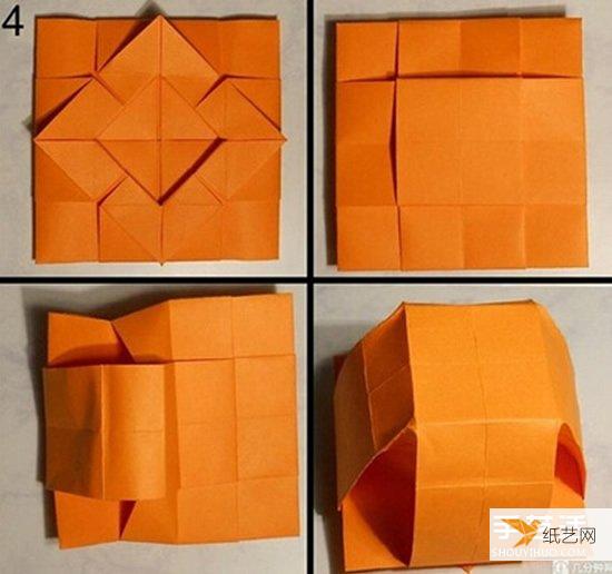 Illustrated step-by-step tutorial on making a flower pot from hand-made origami that looks relatively complicated