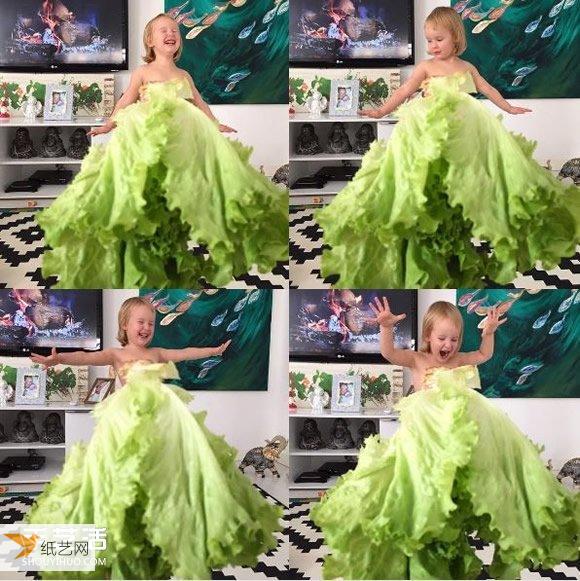 A very creative childrens photo - the little girl puts on a cute fruit and vegetable dress