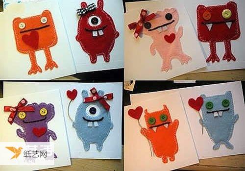 Illustrations of handmade Valentines Day greeting cards with personalized little monsters made of non-woven fabrics