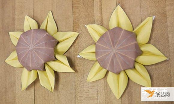 Illustration of the process of hand folding paper sunflower flowers