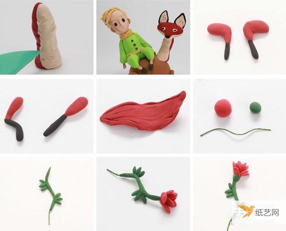 Illustrated tutorial for making a little prince, fox and rose using ultra-light clay