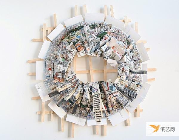 Three-dimensional city paper sculpture art: splicing multiple photos into a panoramic picture