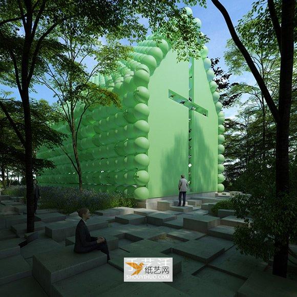 He will fly away in the next second! Green sphere church surrounded by forest