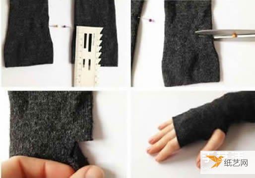 Illustrated tutorial on how to transform long cotton socks into personalized gloves by hand