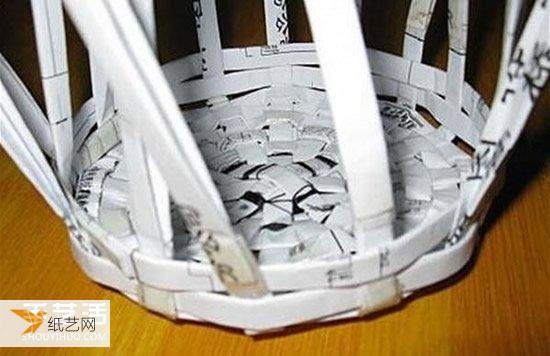 How to weave a simple trash can. Illustration of making a waste paper basket from waste paper.