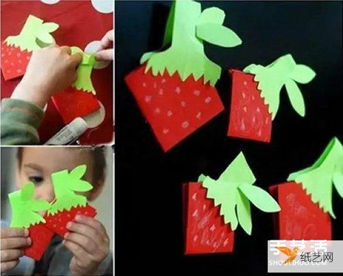 Illustration of folding paper strawberries for children to make wall decorations or necklaces by hand