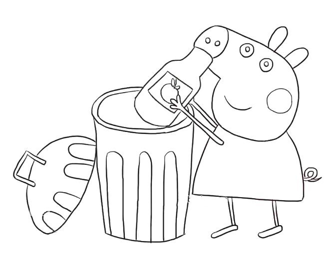 Peppa Pig throws the bottle into the trash can