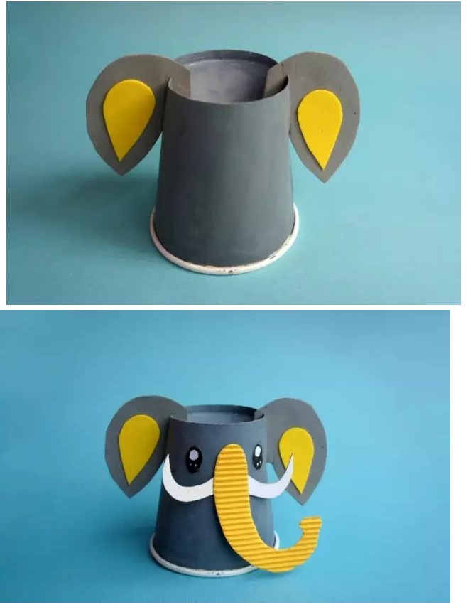 Paper cup long nose elephant origami illustration for toddlers