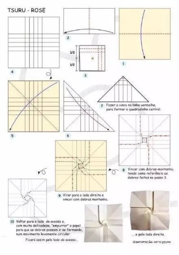 Illustration of folding method of rose paper crane