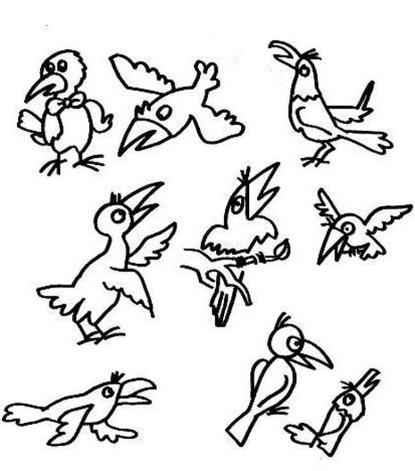 A collection of simple drawing pictures of various crows