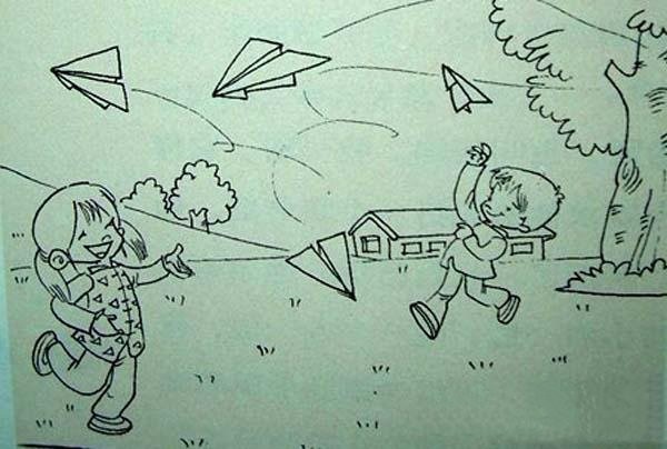 Happy Childrens Day Simple Drawing Picture: Playing with Paper Planes