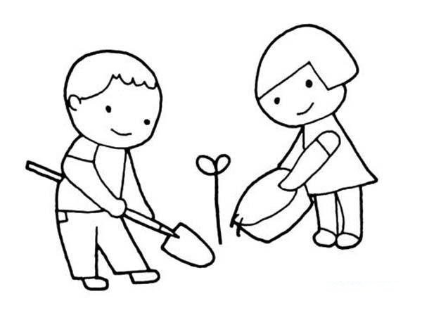 Childrens simple drawings of Arbor Day: watering and planting trees