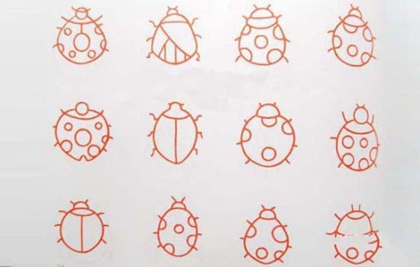 A complete collection of simple strokes of various ladybugs