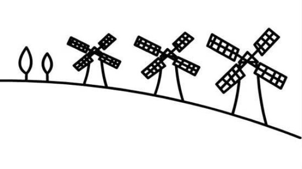 Simple drawing picture of a row of windmill houses