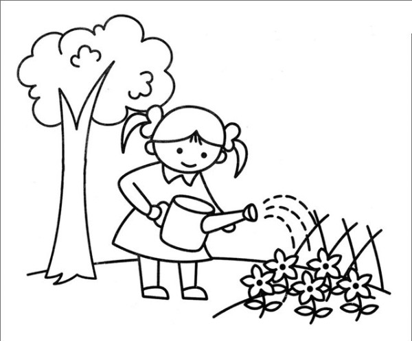 Simple drawing of little girl watering flowers