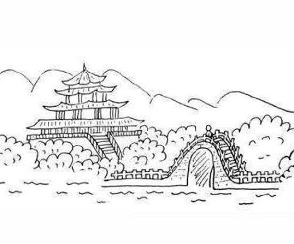 Childrens simple drawing pictures of West Lake bridge and pavilion scenery