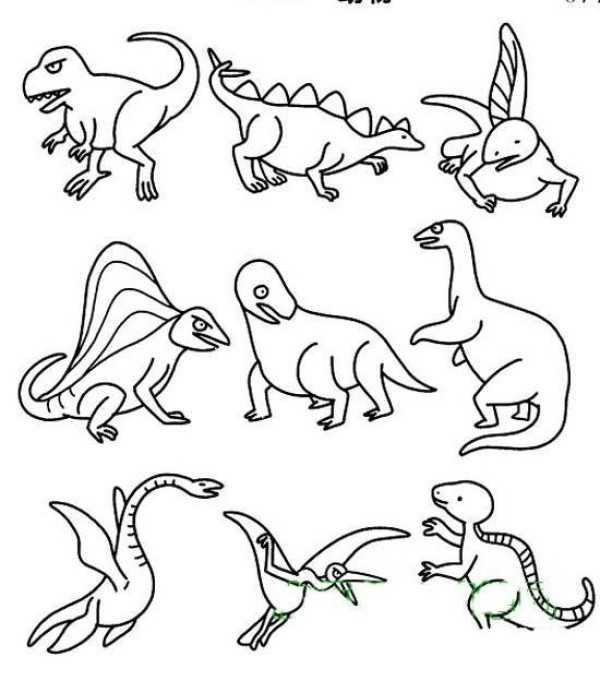 A complete collection of simple drawing pictures of various dinosaurs