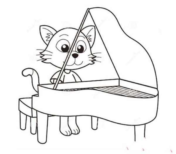 Cartoon piano simple drawing picture: kitten playing piano