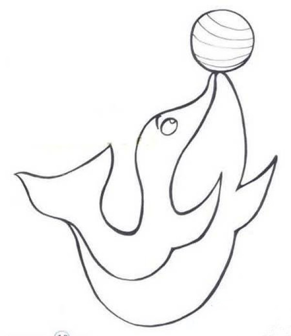 A simple drawing of a dolphin playing with a ball