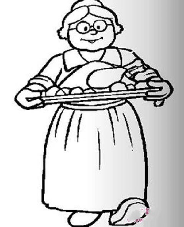 A complete collection of simple drawings of Thanksgiving characters: Mother bringing out the turkey