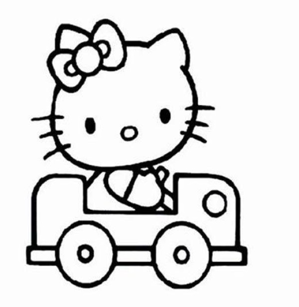 Childrens simple drawing: Kitty cat riding in the car