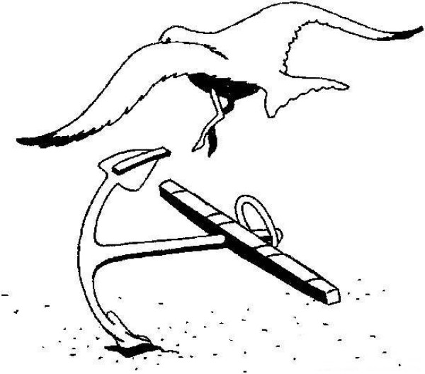 Simple drawing picture of seagull parked on anchor