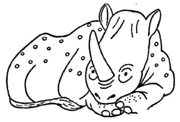 Simple drawing pictures of rhinos in kindergarten: Rhino lying on the ground