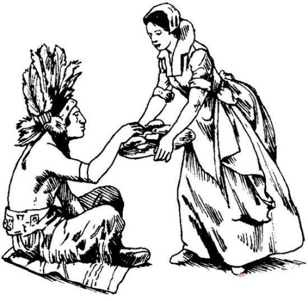 Simple drawing pictures about Thanksgiving: Sharing food with the Indians