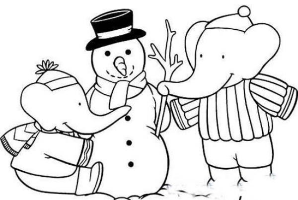 Childrens simple drawing: elephant and snowman