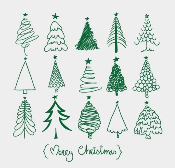 A collection of simple drawing pictures of various beautiful Christmas trees