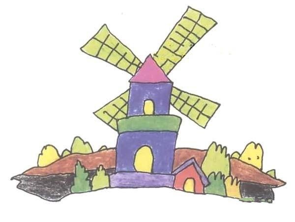 Childrens simple drawing pictures of colorful windmill houses