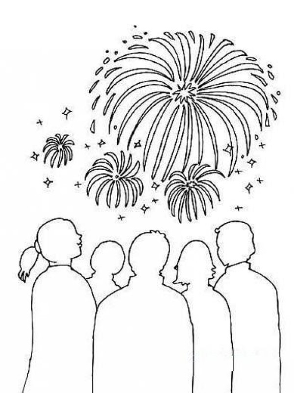 Simple character drawings: people watching fireworks