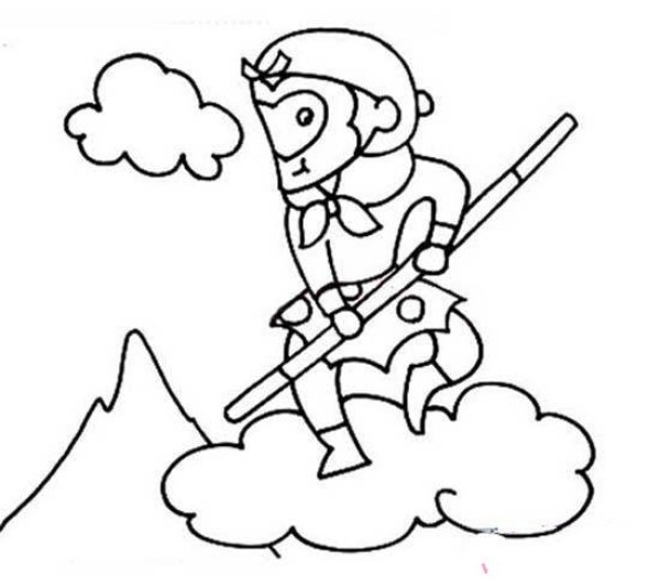 Simple drawing picture of Sun Wukong flying in the clouds and mist