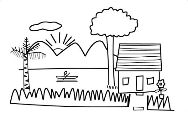 Simple drawing of island hut scenery