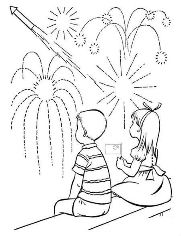 Childrens simple drawing pictures of National Day: Watch the National Day fireworks show