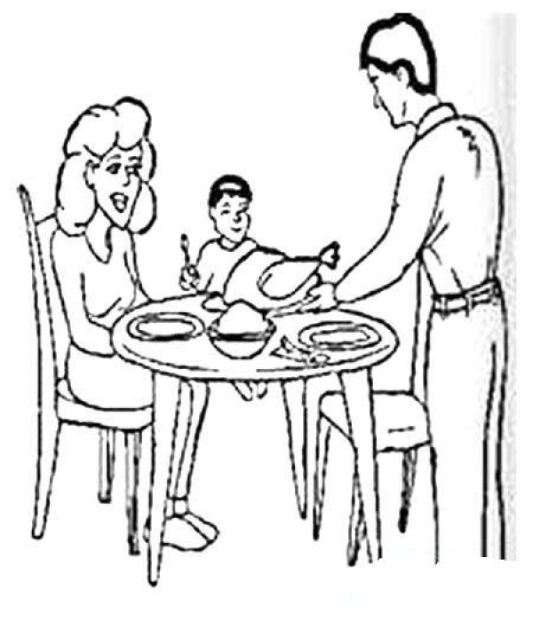 Thanksgiving themed simple drawing pictures: a family eating turkey dinner