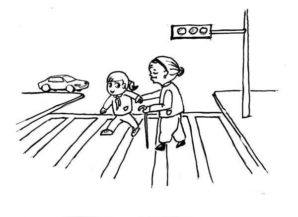 Helping the old lady cross the road simple drawing picture