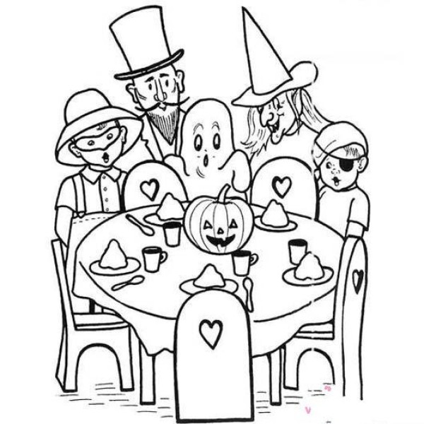 Childrens Halloween-themed simple drawing pictures: A family celebrates Halloween