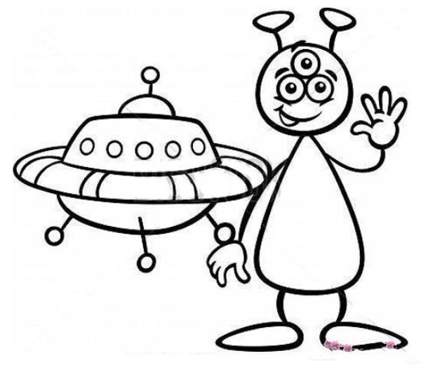 Simple drawing pictures of flying saucers and aliens