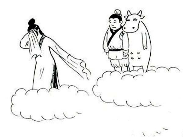 Childrens Chinese Valentines Day simple drawing pictures: The Weaver Girl tears farewell to the Cowherd