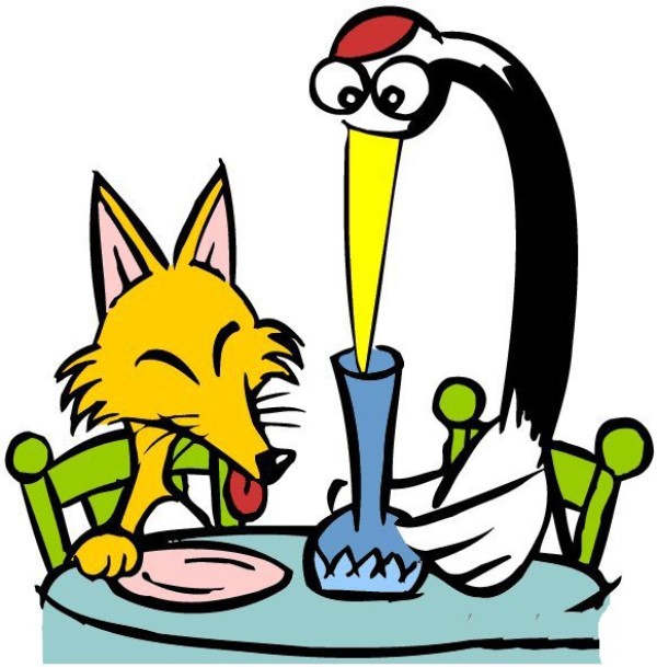 Simple drawing of fox and crane dining together