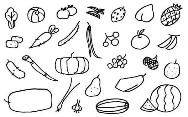 A set of simple drawings of vegetables and fruits